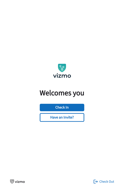 Vizmo Kiosk home screen with the QR code hidden and Check-in and Have an Invite still shown