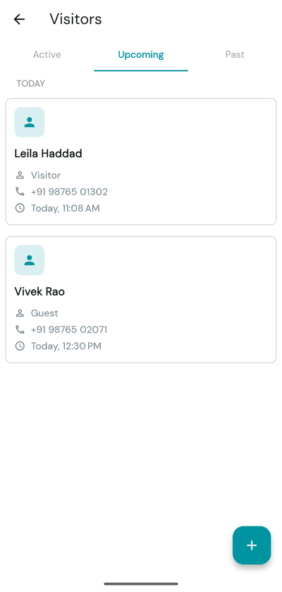 Visitors screen with the Active, Upcoming and Past tabs