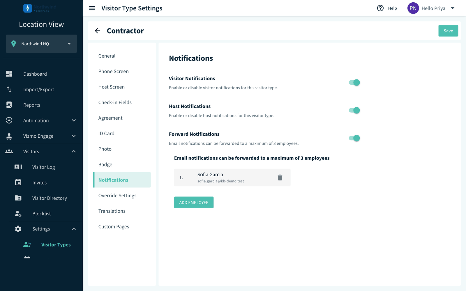 Visitor type Notifications tab with Visitor Notifications and Host Notifications