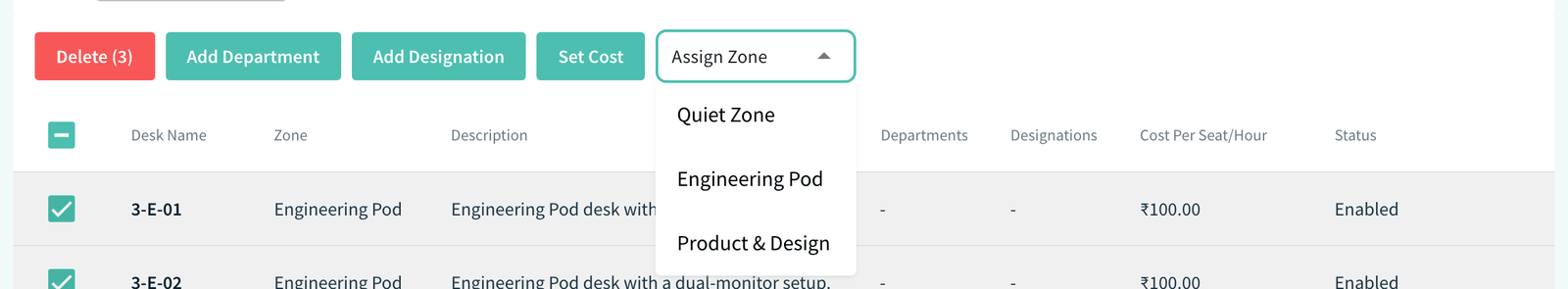 Floor Desks tab with desks ticked and the Assign Zone list