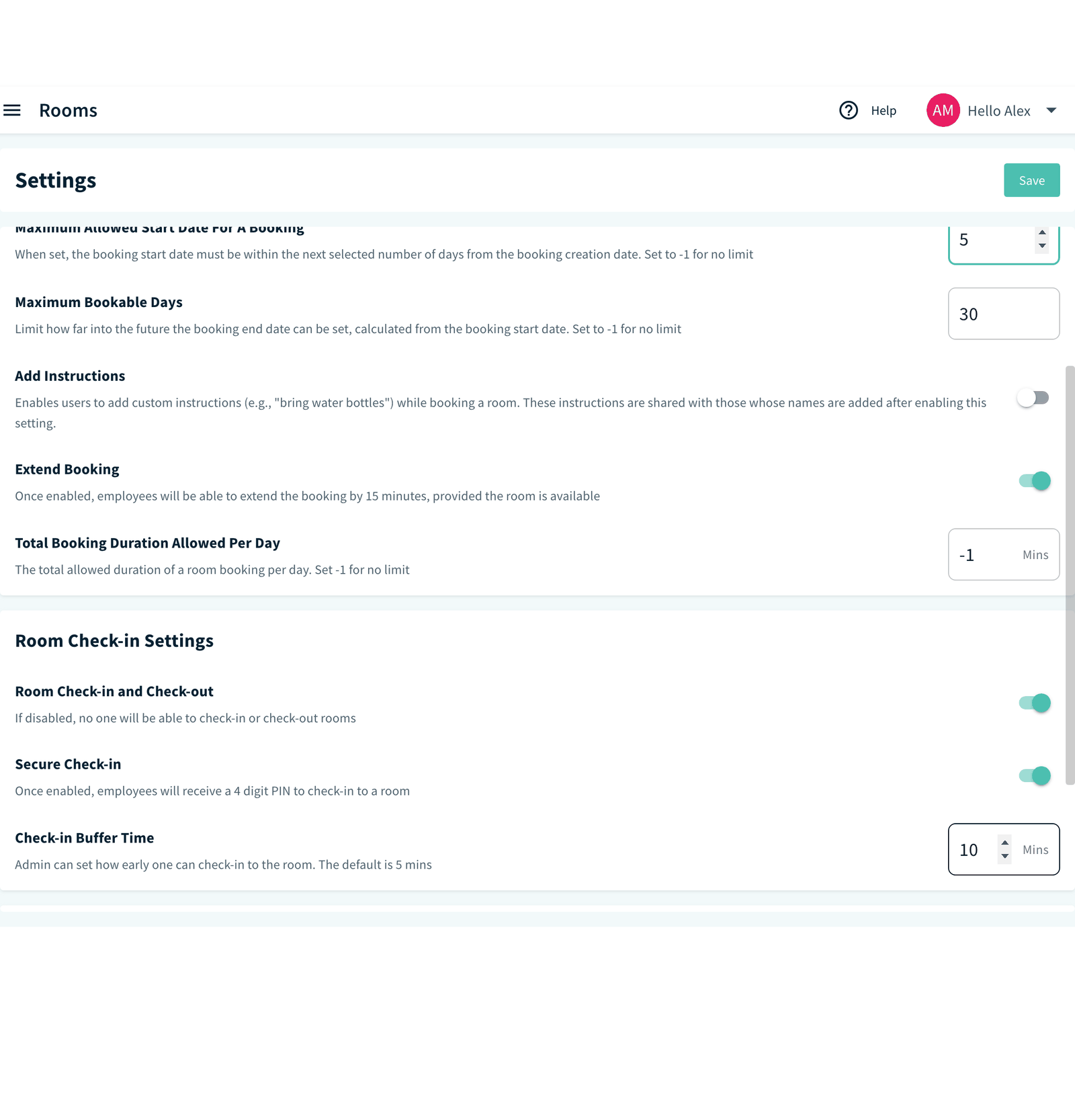 Room Settings page, Room Check-in Settings and Room Cancellation Settings cards