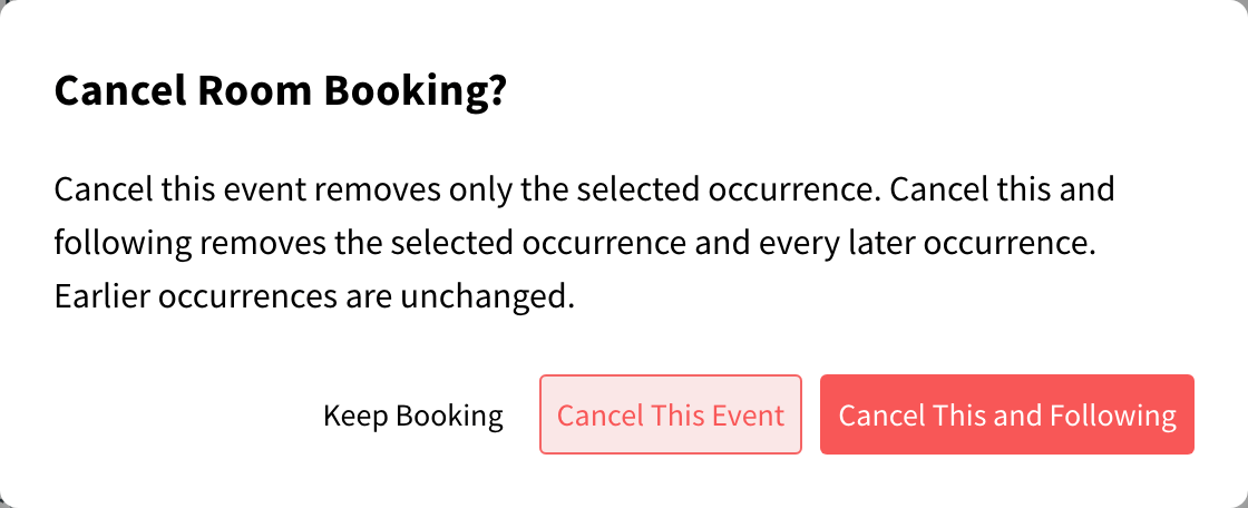 Cancel Room Booking dialog with Cancel This Event and Cancel This and Following