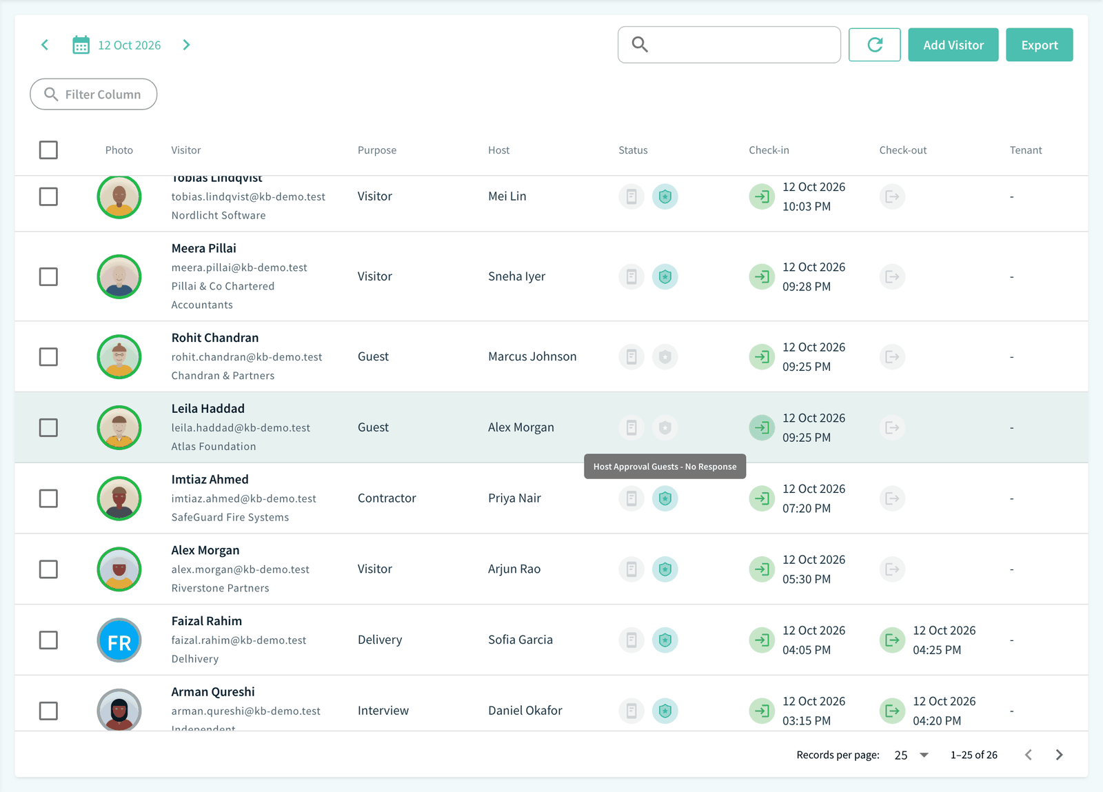 Visitor Log Status column with the approval icon tooltip open