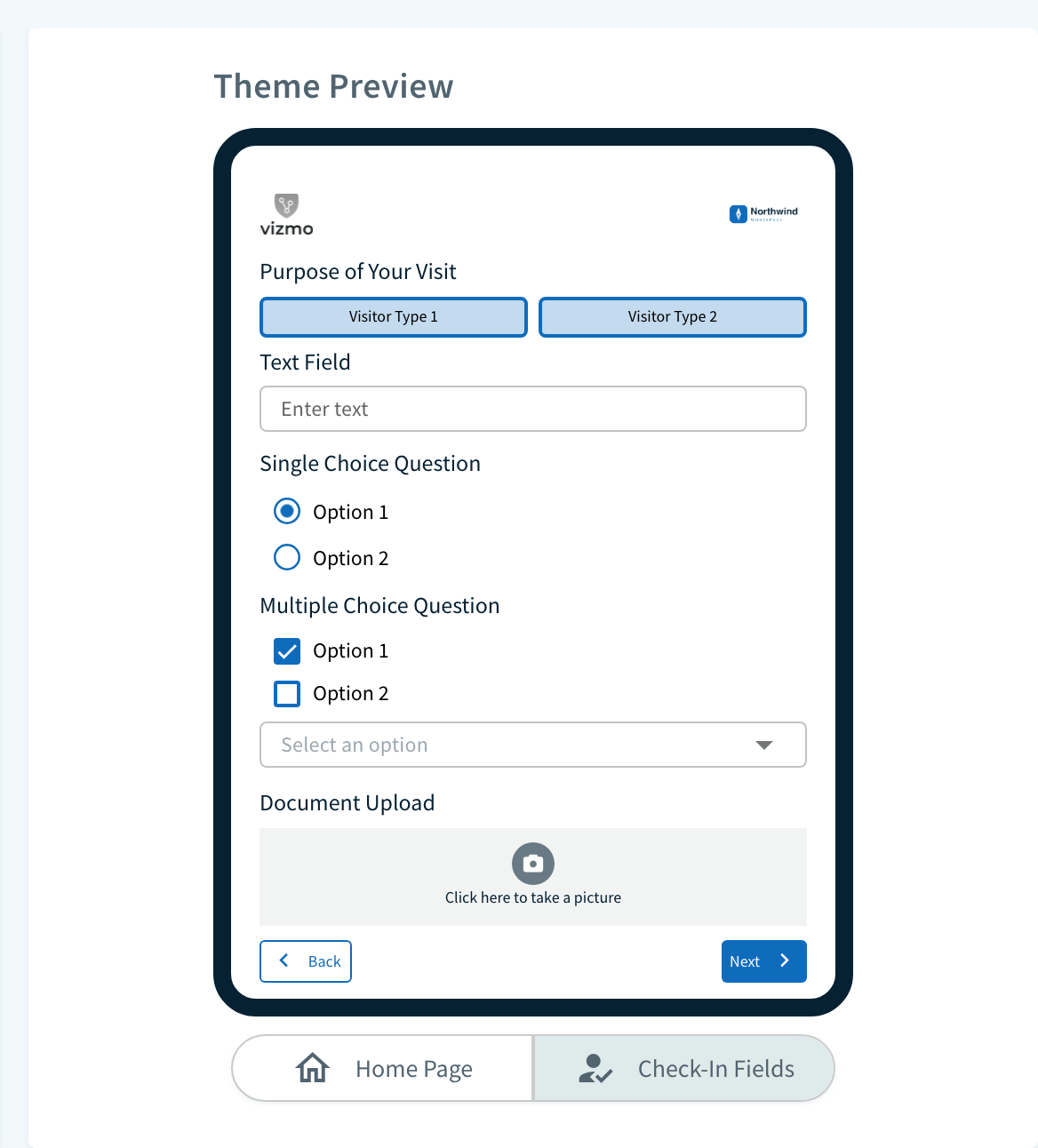 Branding Theme Preview showing check-in fields