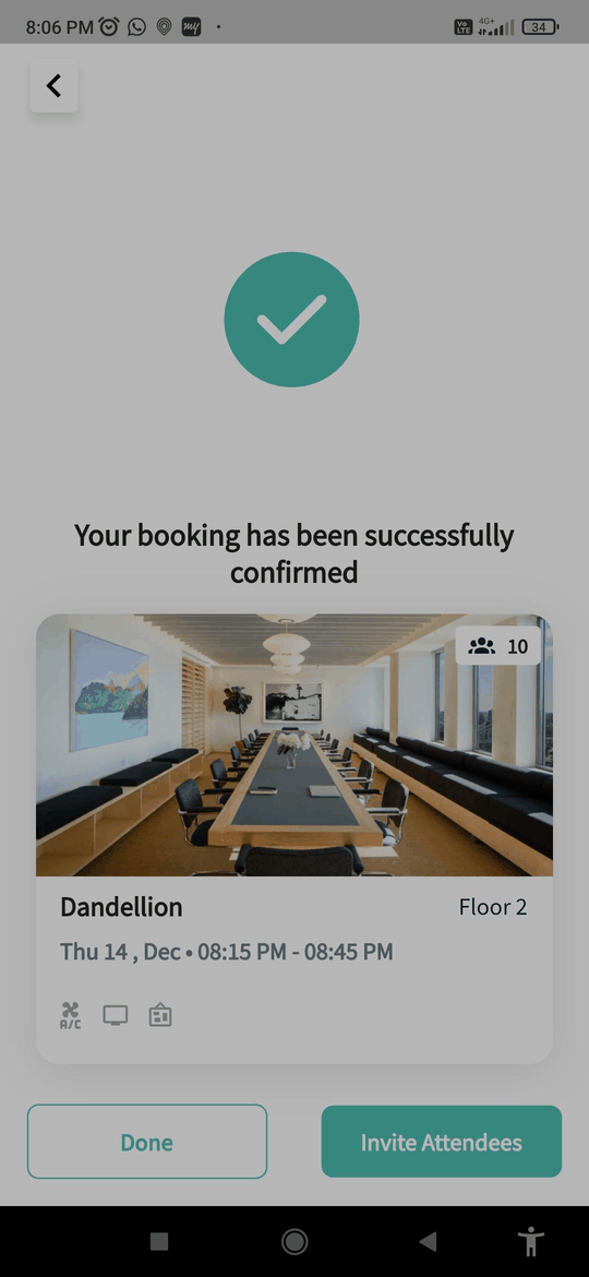 Room booking details with the Done and Invite Attendees buttons