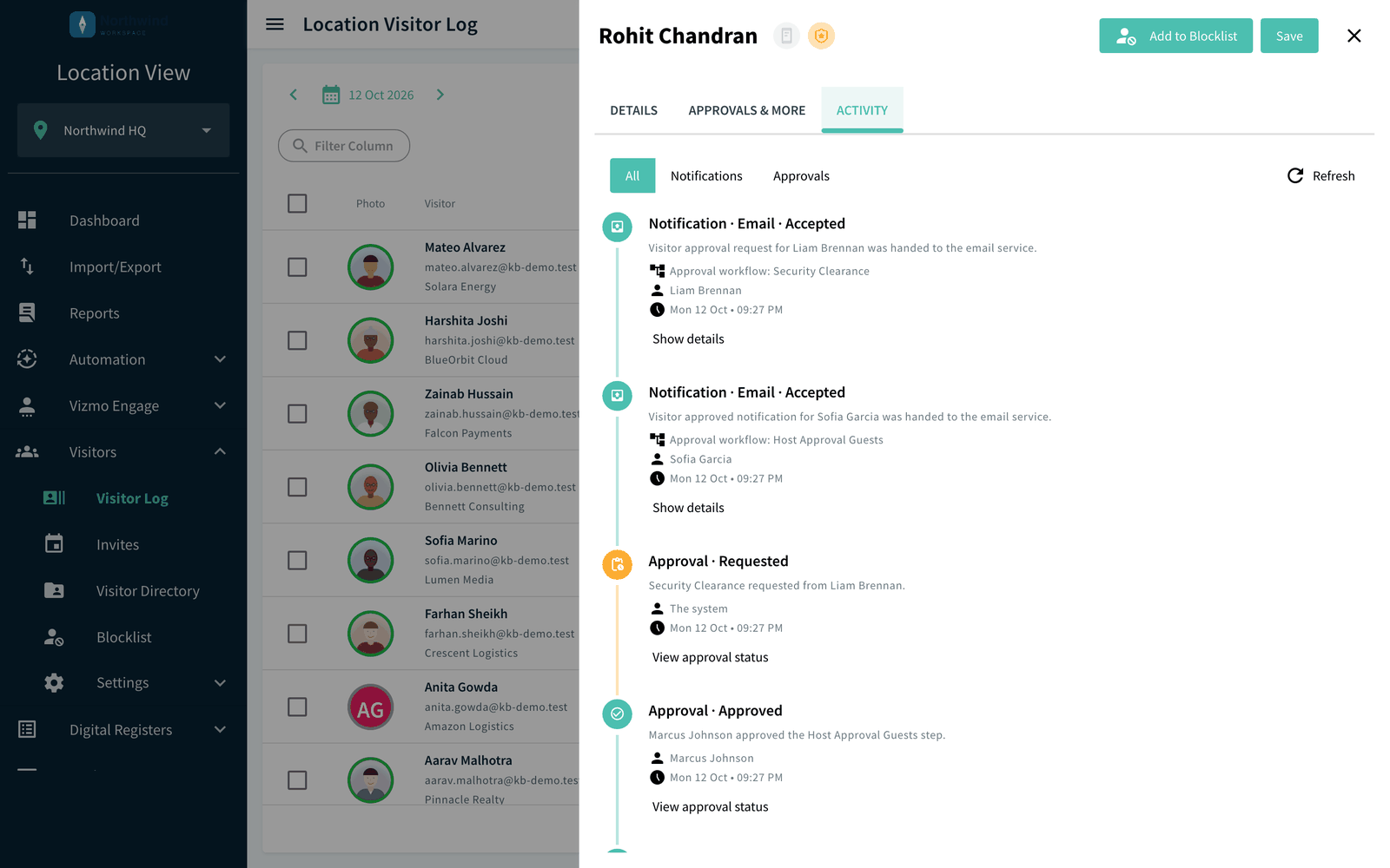 Visit details panel, Activity tab with the Activity type selector