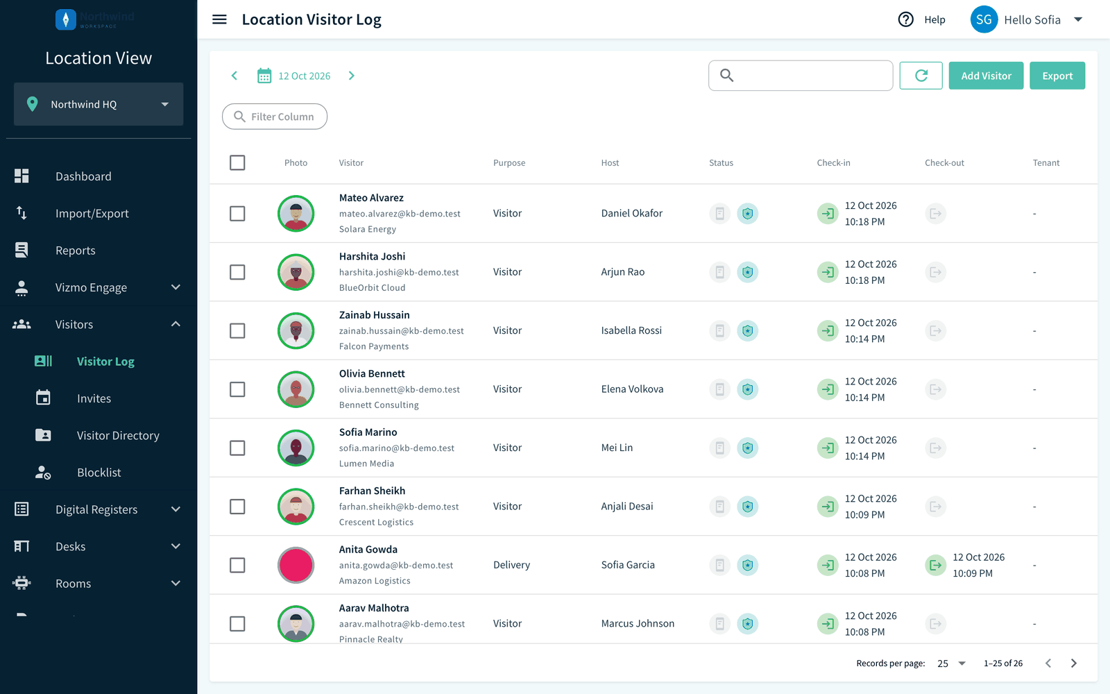Visitor Log page with date picker, search, Filter Column and Edit Columns gear