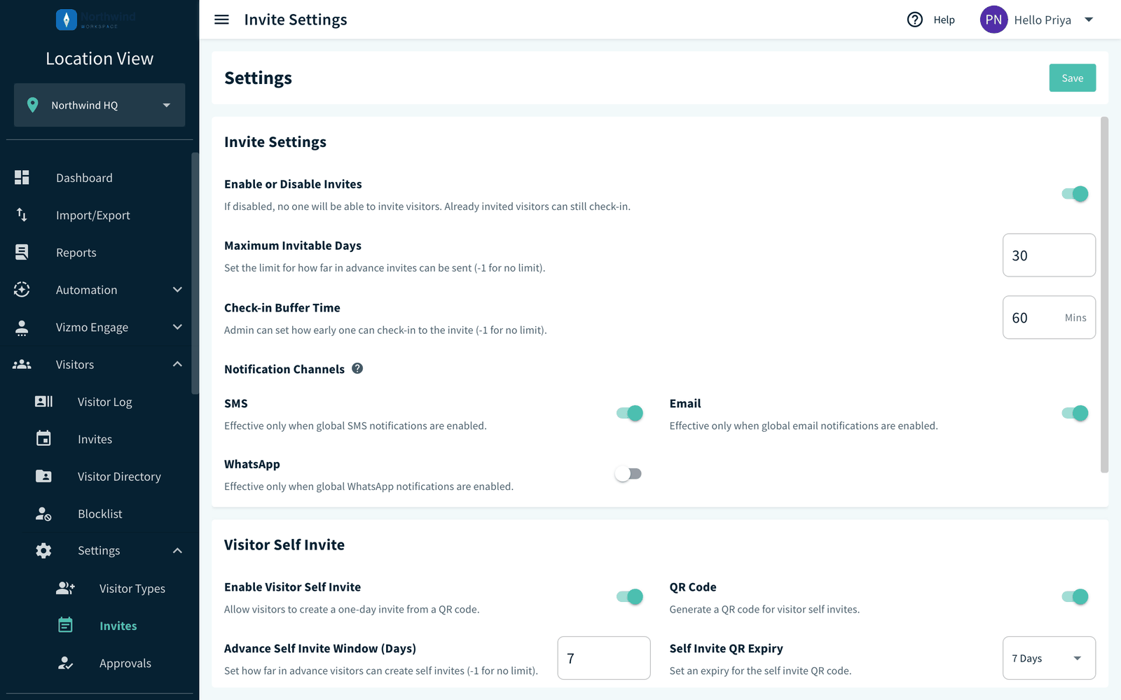 Invite Settings card with notification channels
