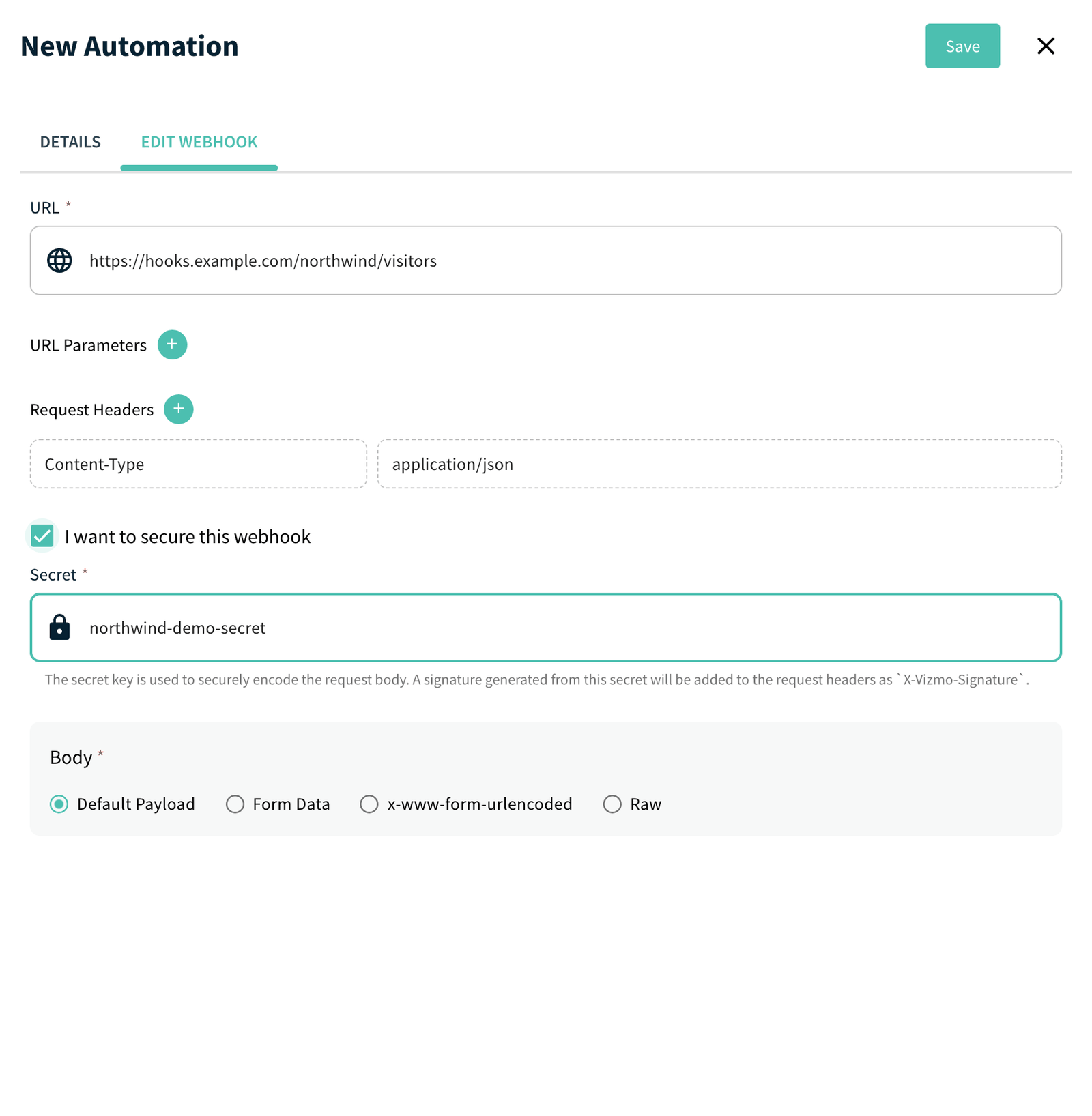 Edit Webhook tab with URL, Body and Secret