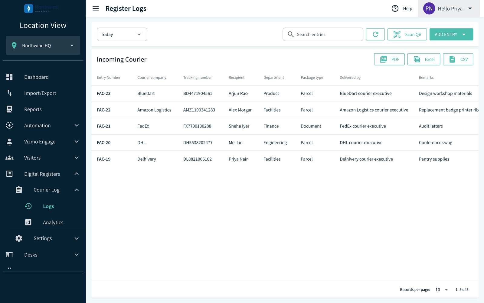 Register Logs page with Add Entry