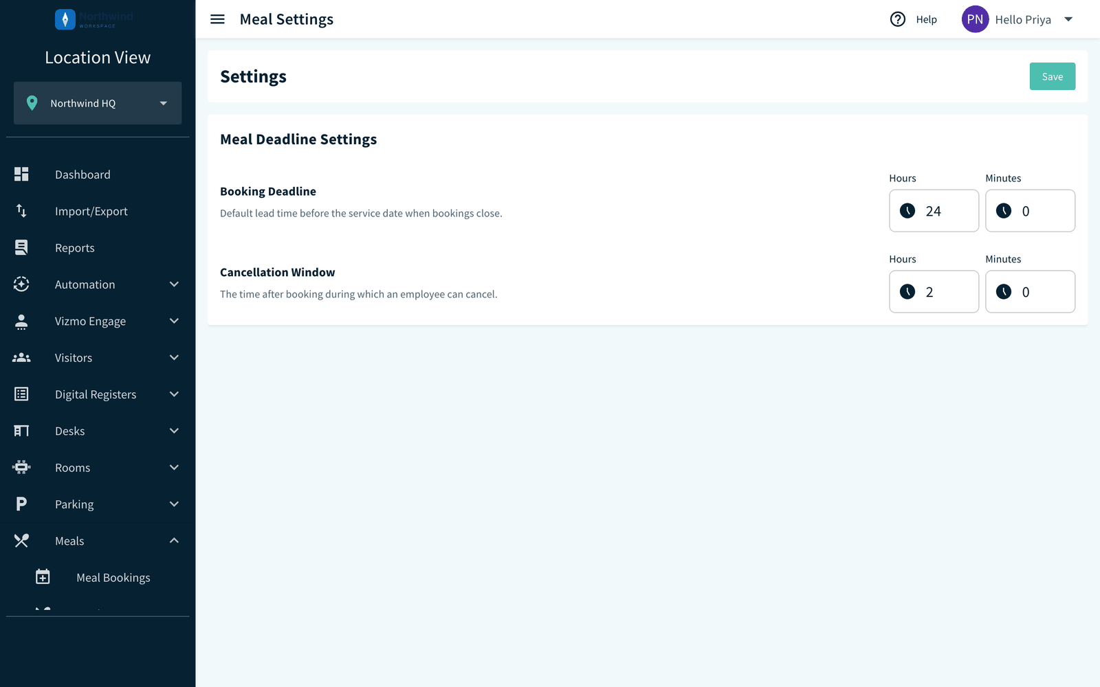 Meals Settings with Meal Deadline Settings