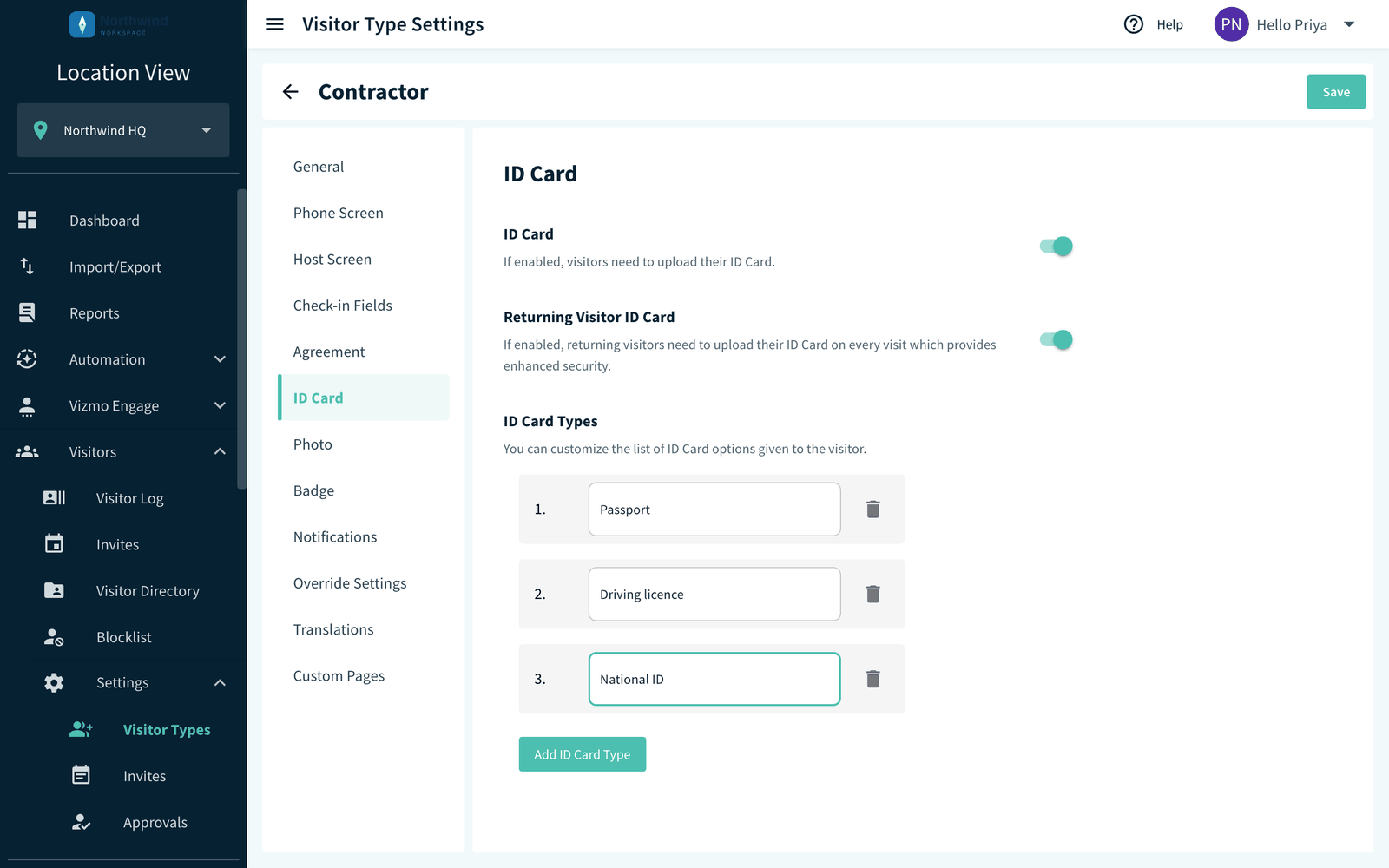 Visitor Types, ID Card tab with ID Card Types list and Add ID Card Type