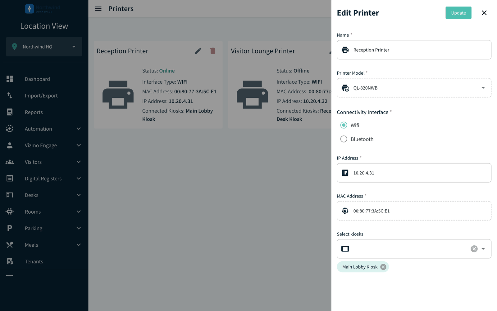 Edit Printer panel with the IP Address field