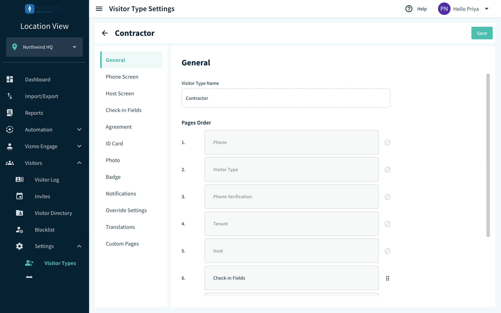 Visitor type settings page showing all tabs and the Save button