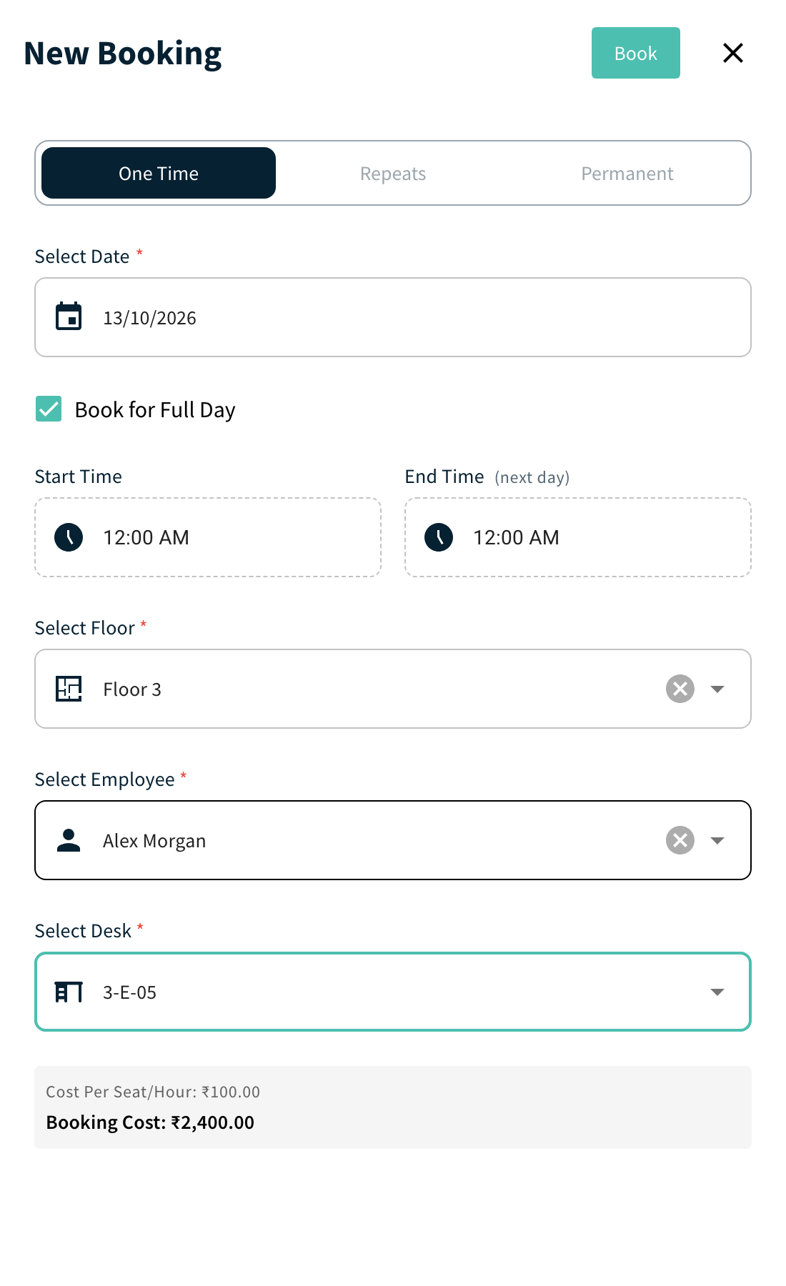 New Booking panel with date, floor, desk, employee and the Book button