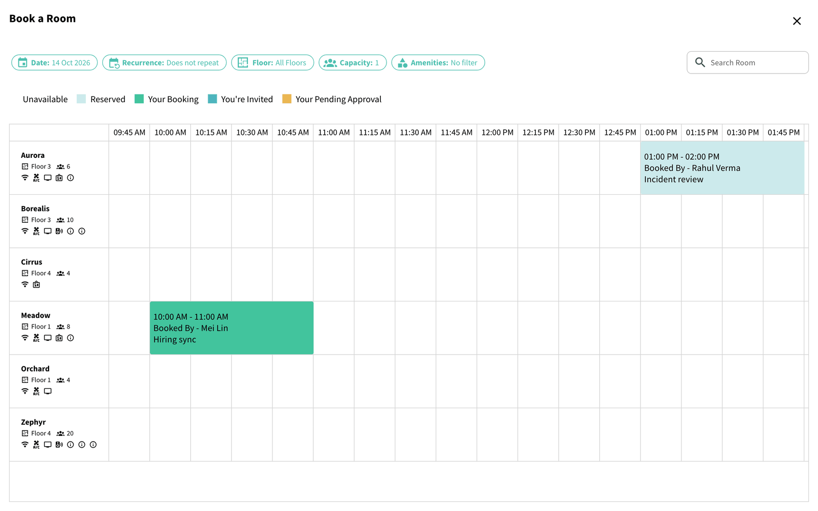 Book a Room dialog with the Date, Recurrence, Floor, Capacity and Amenities chips and the room timeline