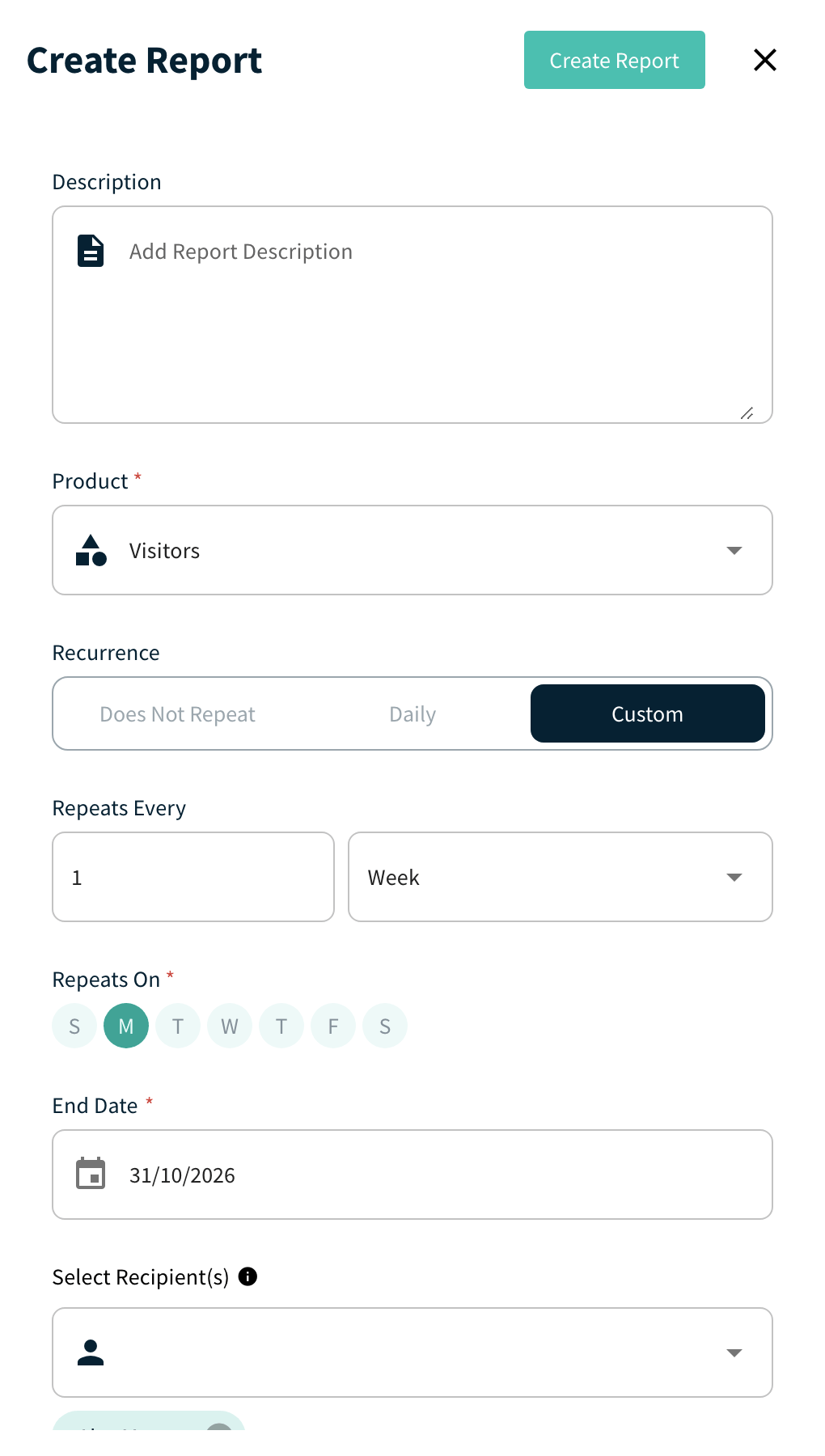 Create Report panel with Recurrence, End Date and Select Recipient(s)