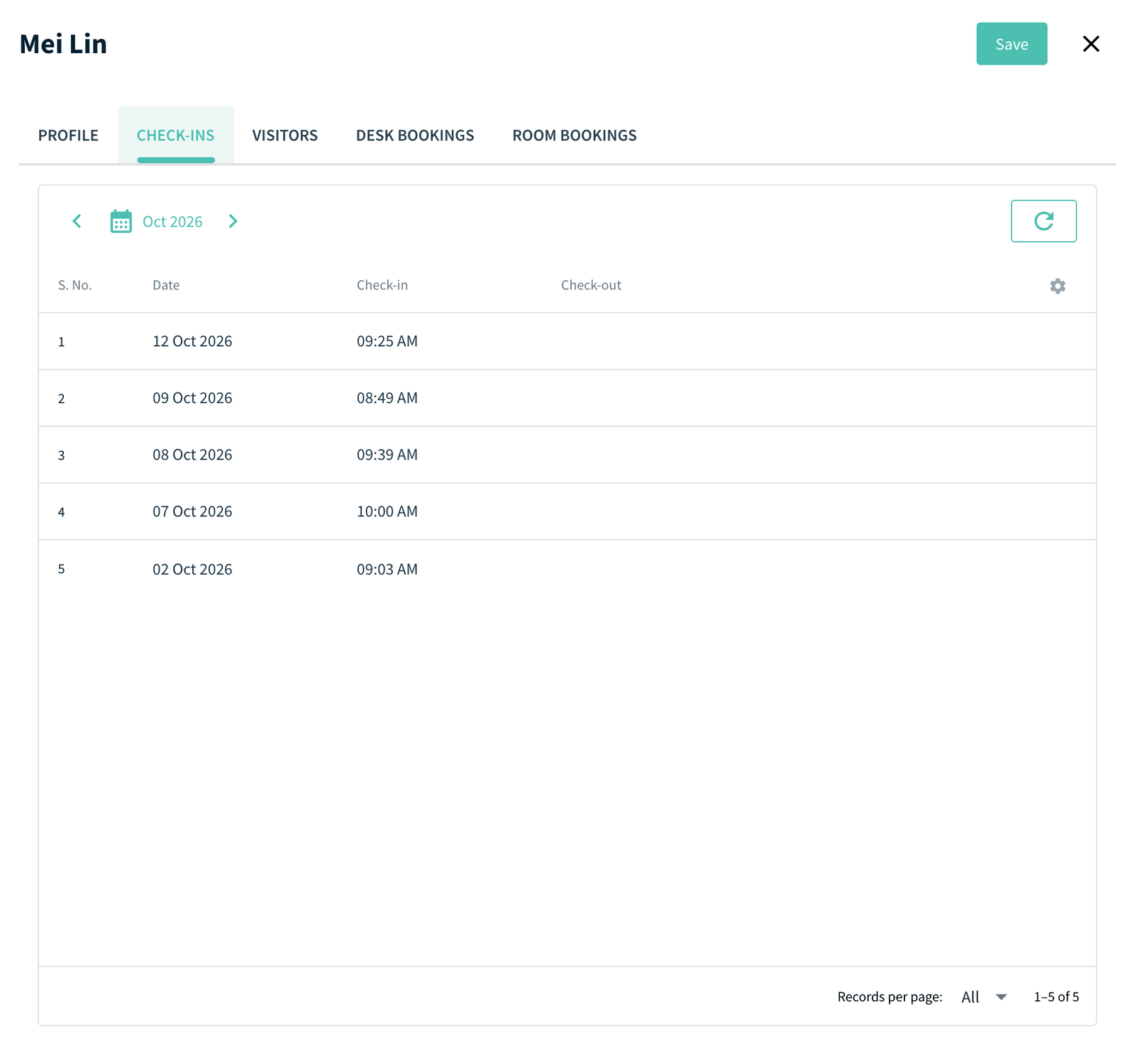 Employee details, Check-ins tab with month selector