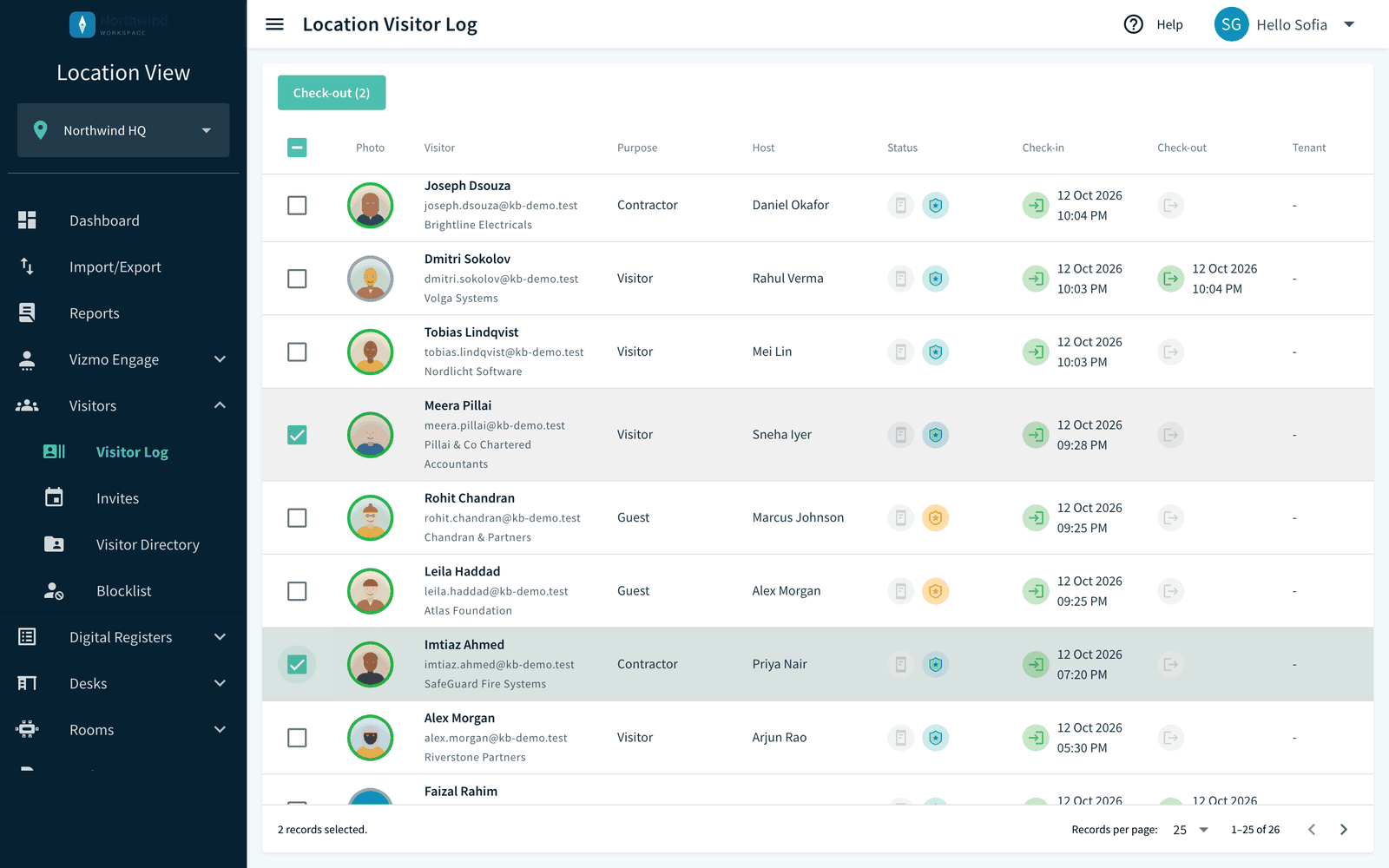Check-out (n) button above the Visitor Log table with rows selected