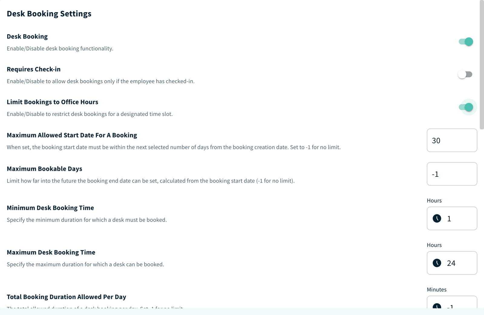 Desk settings, Limit Bookings to Office Hours toggle