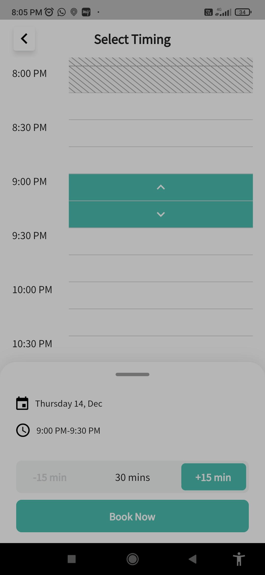Select Timing screen with slots selected, the minus 15 min and plus 15 min buttons, Meeting Title and Book Now