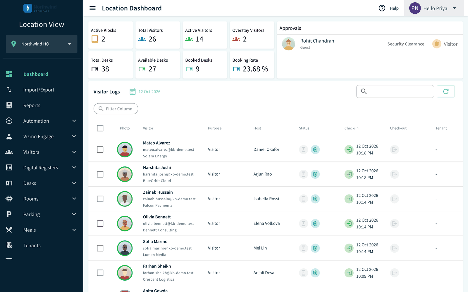 Location Dashboard with summary cards, Approvals card and Visitor Logs table