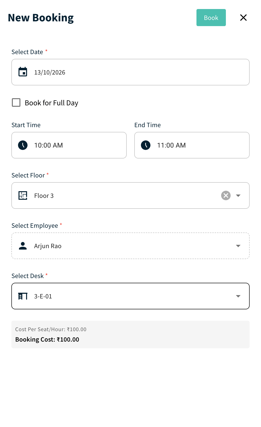 New Booking panel for a desk opened from the Live Map