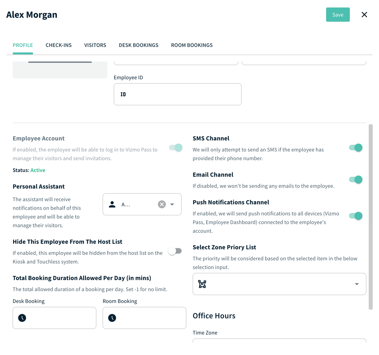 Employee Profile tab with the SMS, Email and Push channel switches