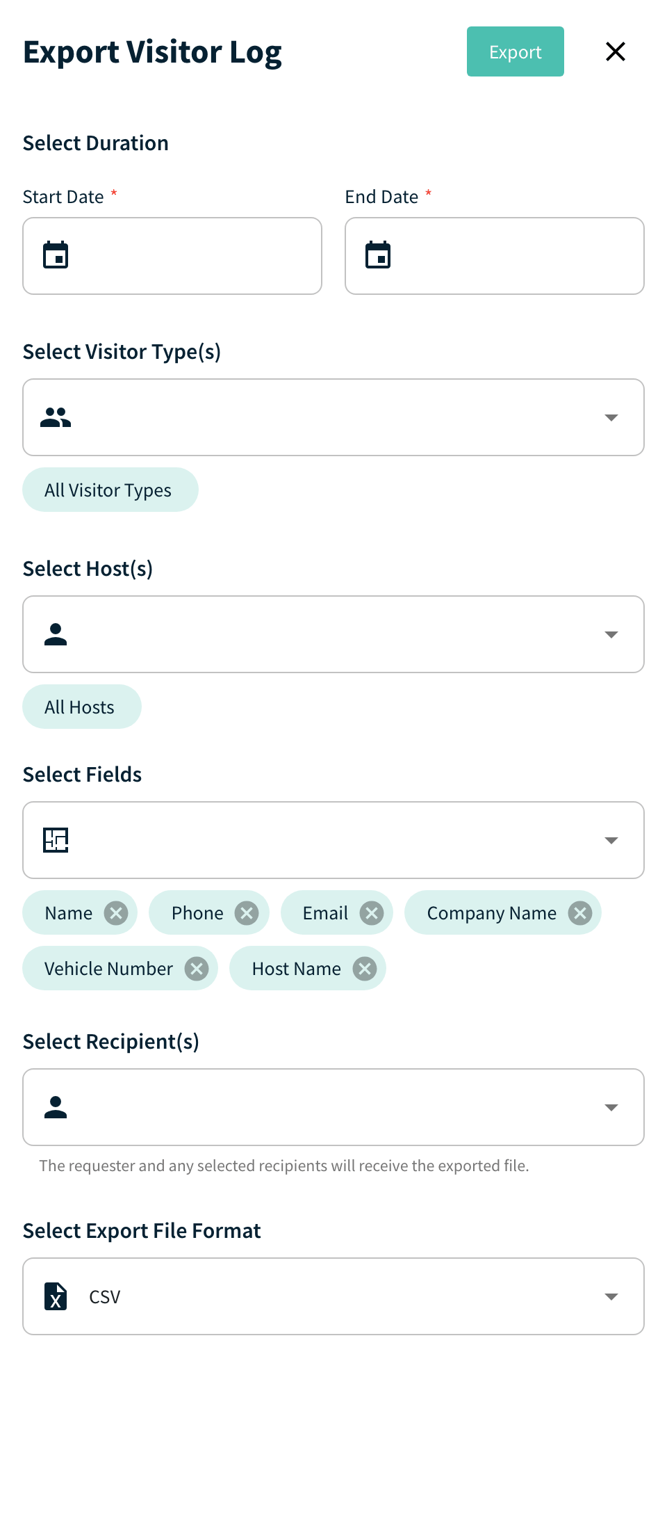 Export Visitor Log drawer with duration, filters, fields, recipients and format