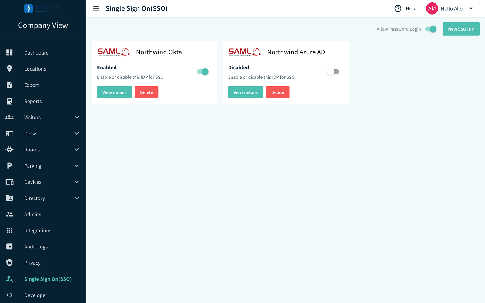Single Sign On(SSO) page with the Allow Password Login toggle, New SSO IDP button and connection cards