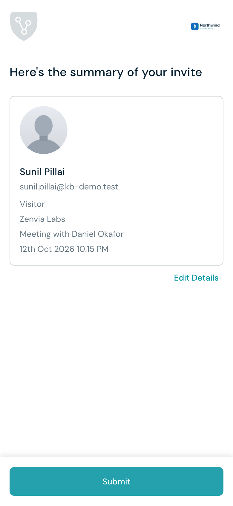 Touchless invite Summary screen with Submit