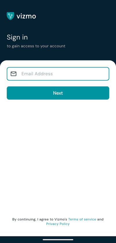 Vizmo Pass sign-in screen asking for the email address