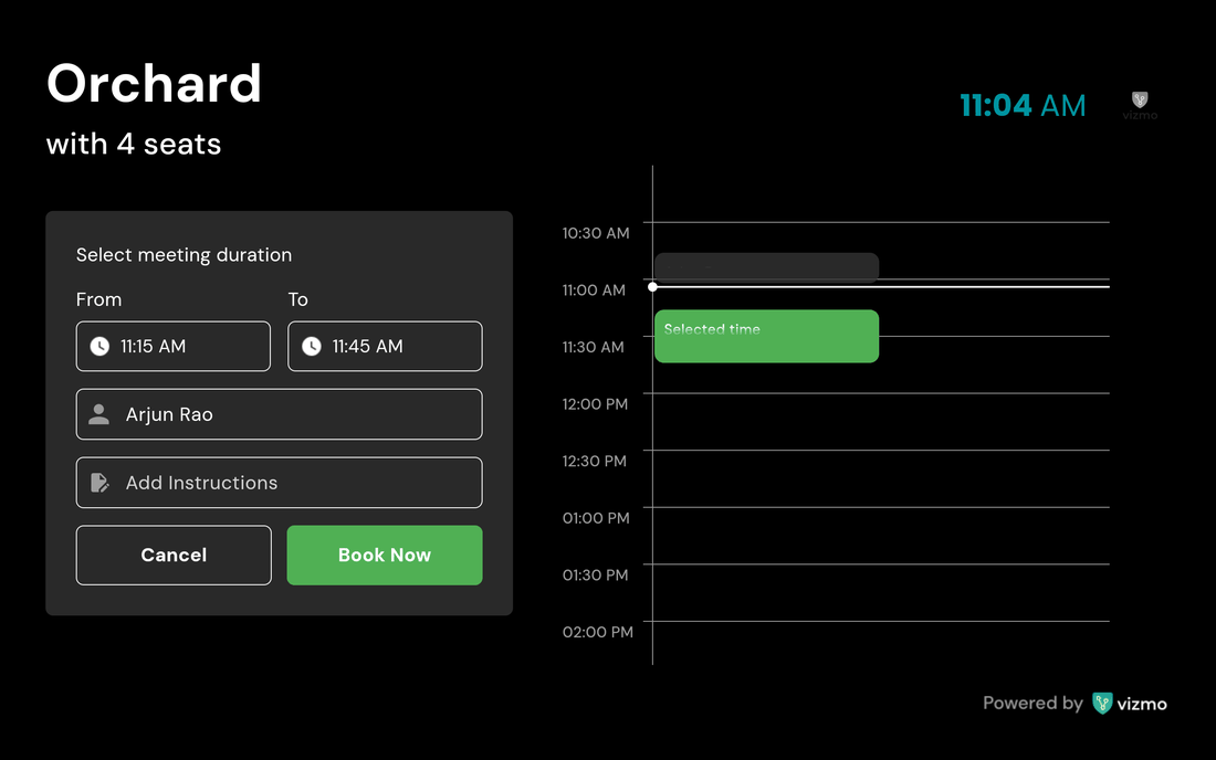 Room Display booking form with Select meeting duration, From, To, Full Name and Add Instructions