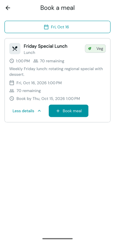 Book a meal screen with a meal card expanded and the Book meal button