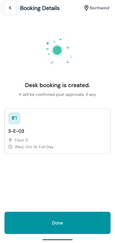 Booking confirmation screen showing the booking status and the Done button