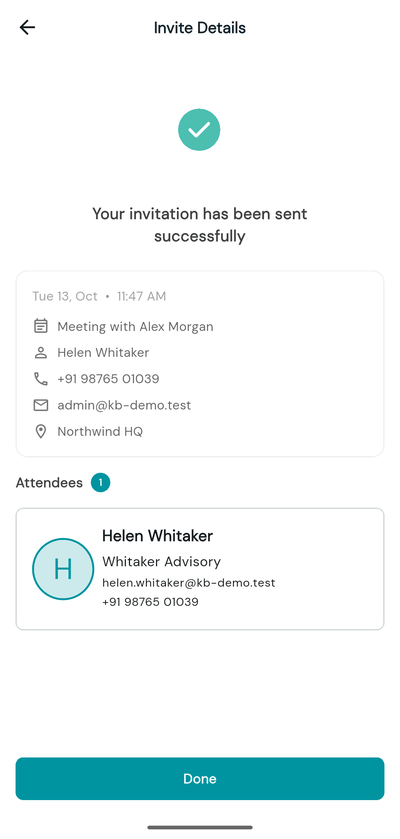 Invite Details screen showing Your invitation has been sent successfully and the attendee list