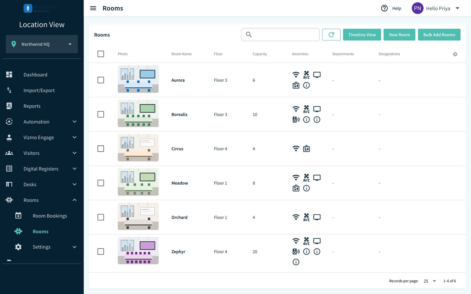 Rooms page with the Timeline View, New Room and Bulk Add Rooms buttons