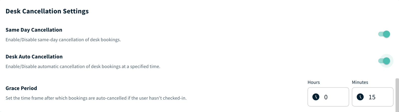 Desk Cancellation Settings with Desk Auto Cancellation and Grace Period
