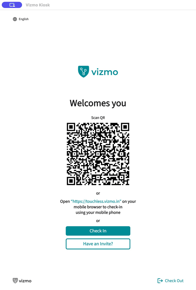 Vizmo Kiosk home screen with the Scan QR code shown