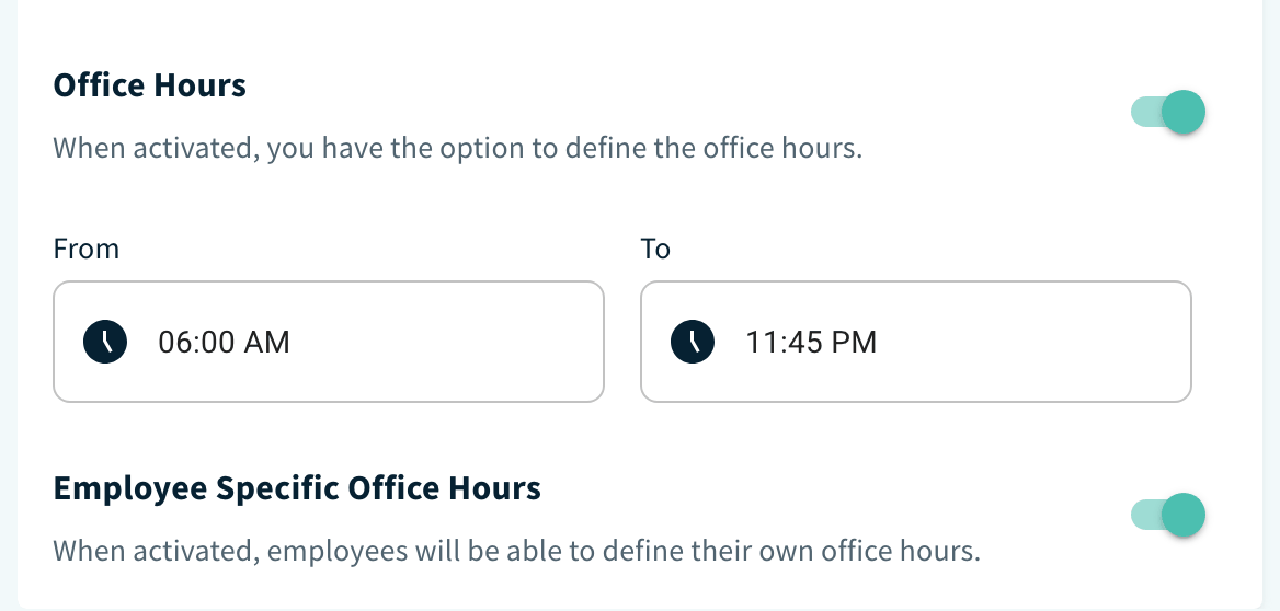 Location Settings, Office Hours toggle with From and To