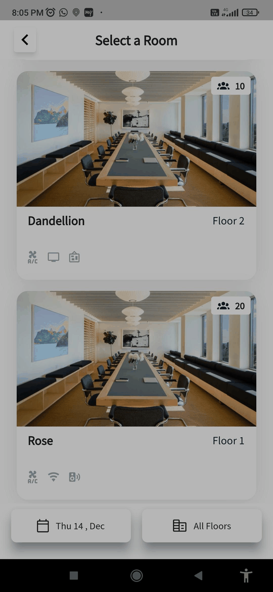 Select a Room list with the date, floor and capacity filters at the bottom