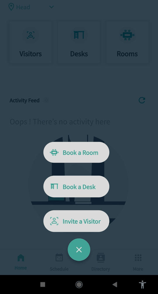 Vizmo Pass Home with the plus menu open and Book a Desk visible
