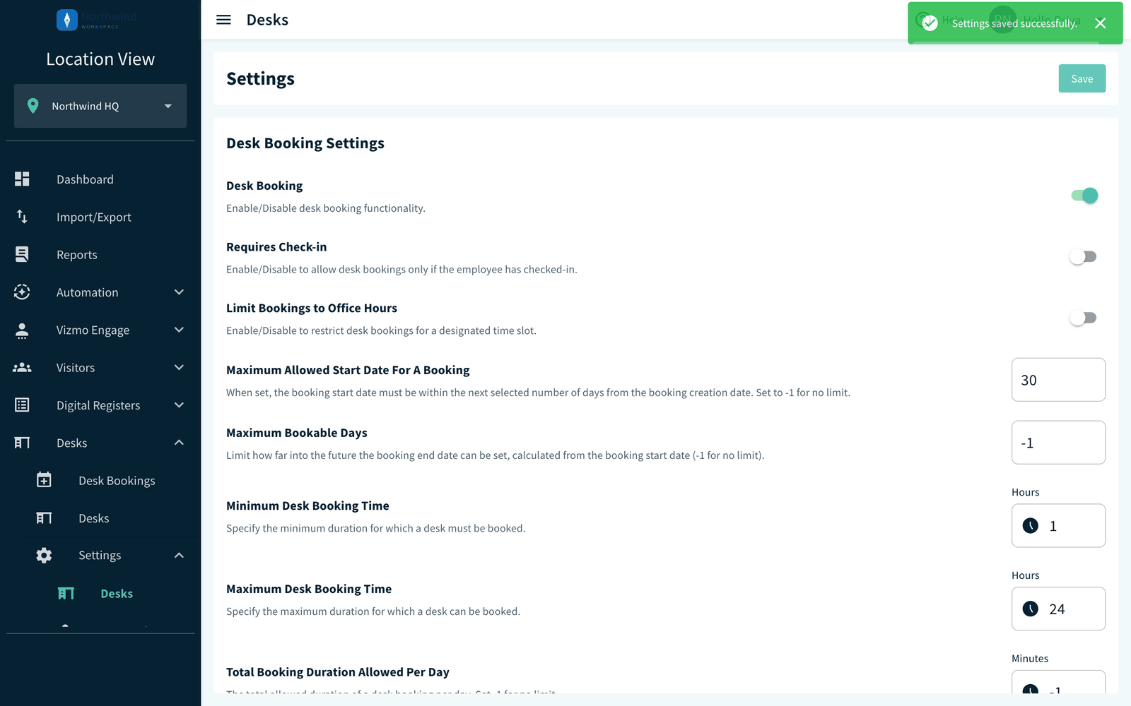 Desk Settings with the Settings saved successfully message