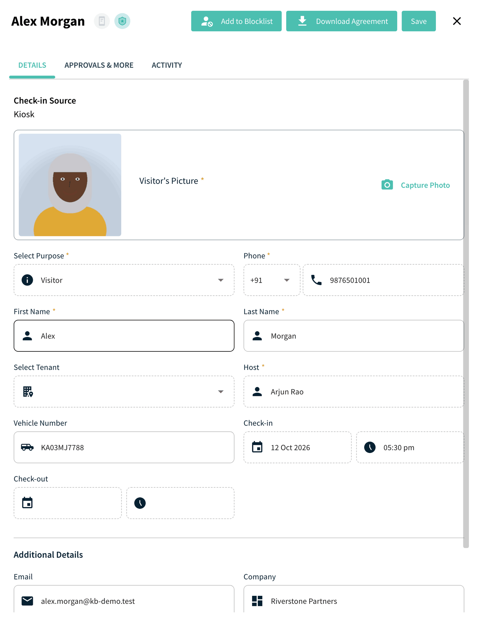 Visit details panel with the Download Agreement button