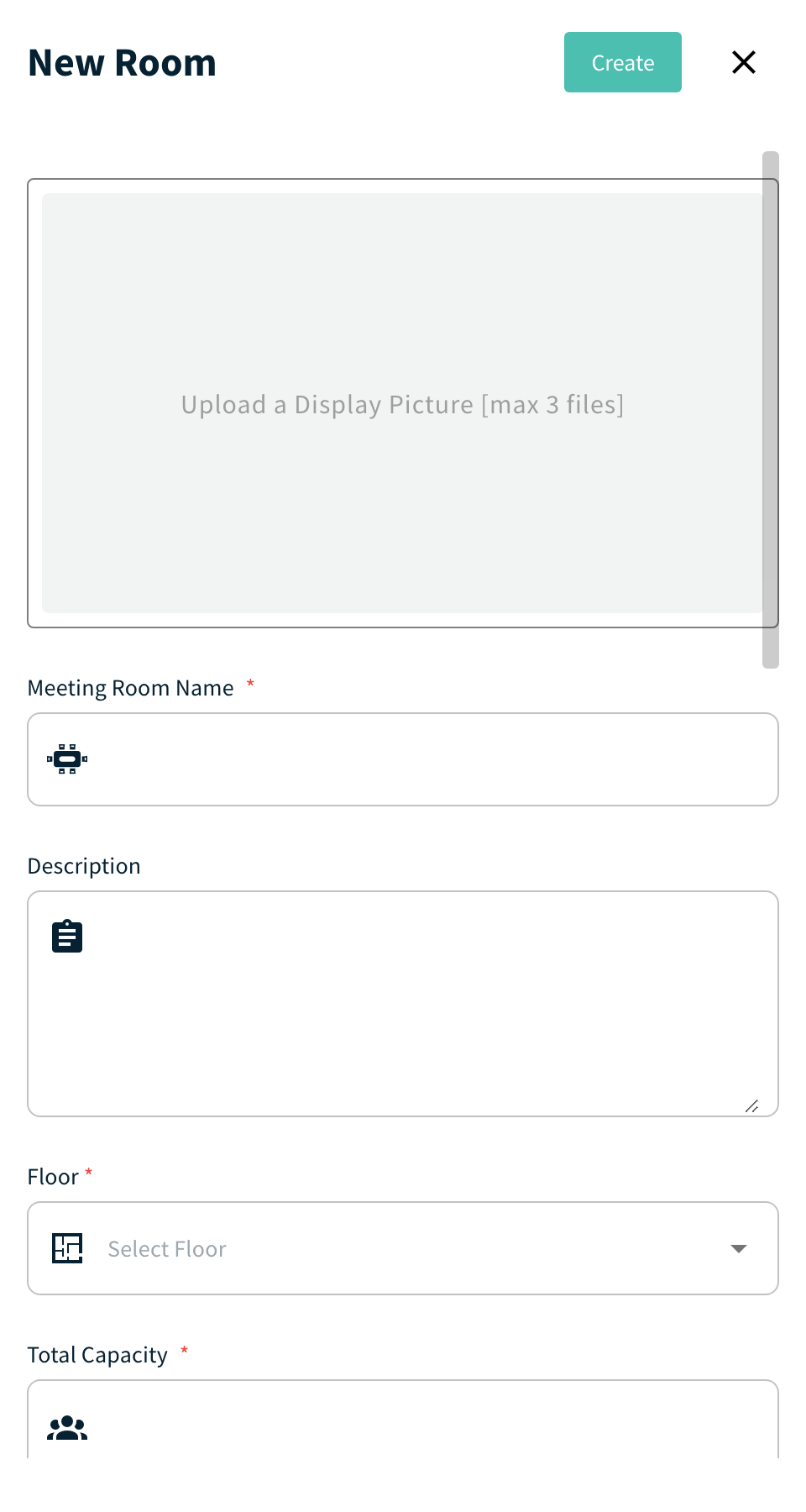New Room panel showing the Total Capacity field