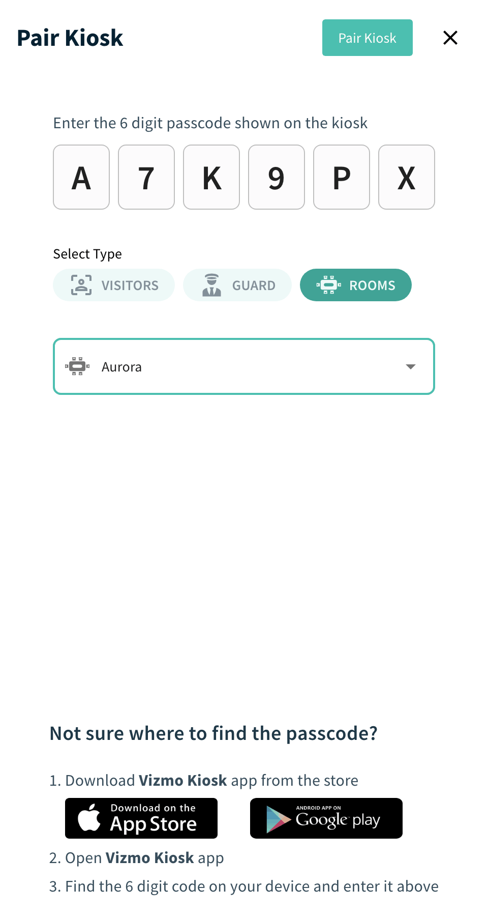 Pair Kiosk panel with the Rooms type and Select Room