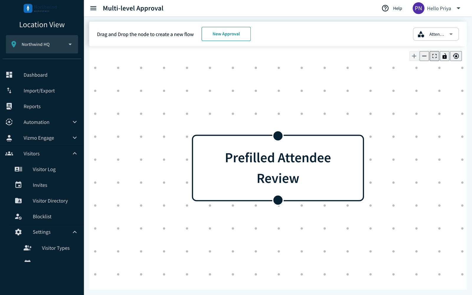 Approvals settings filtered to Attendees with the New Approval node
