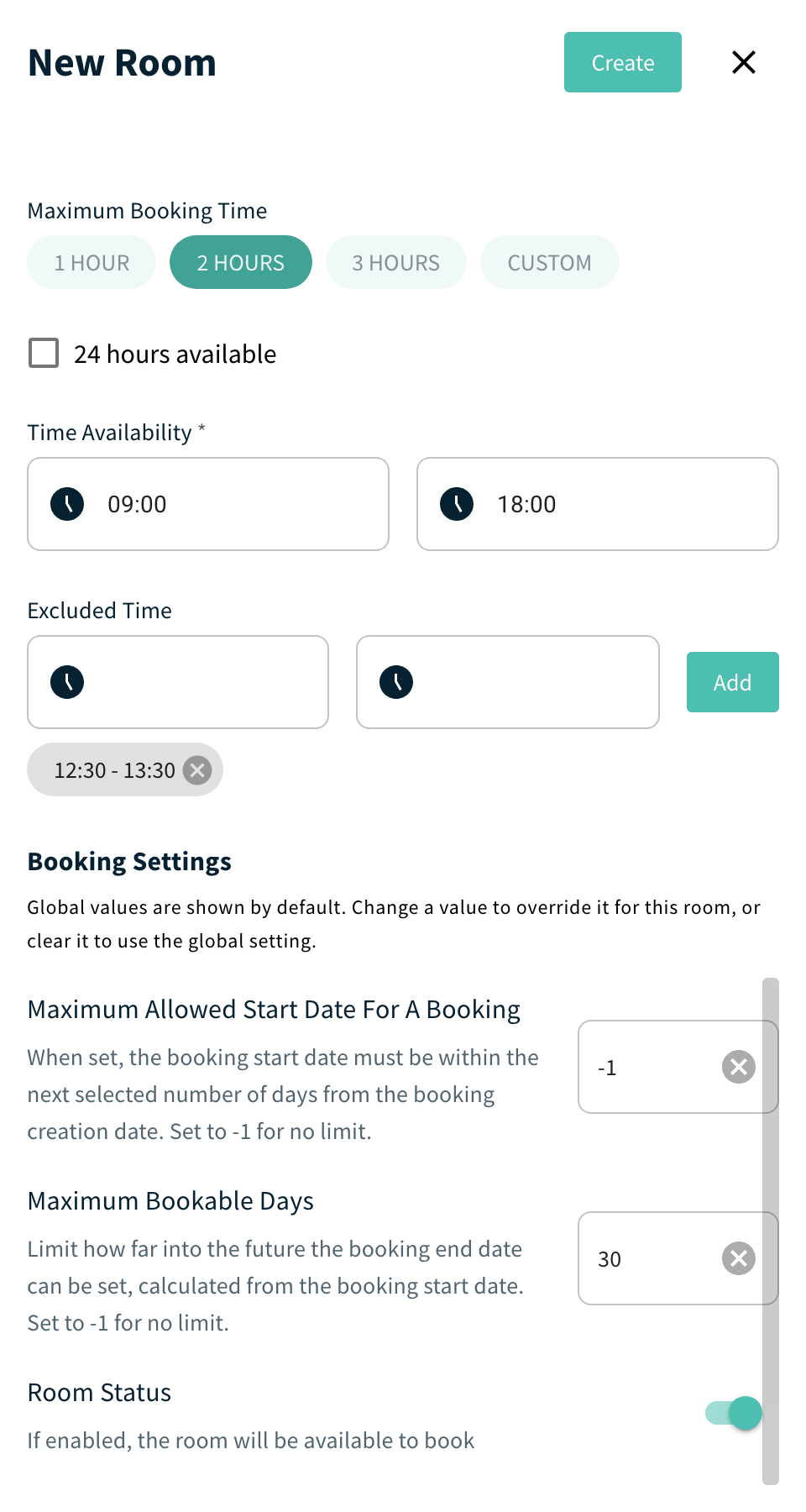 New Room panel - booking times, Time Availability, Excluded Time, Booking Settings and Room Status