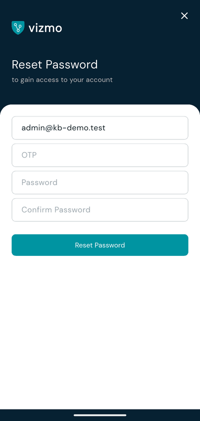 Vizmo Pass reset password screen with the OTP and new password boxes