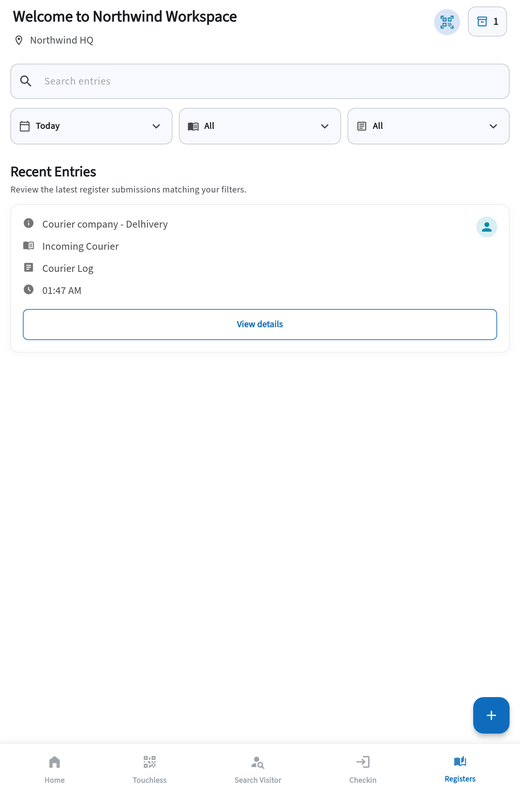 Guard Registers page with Recent Entries and filters